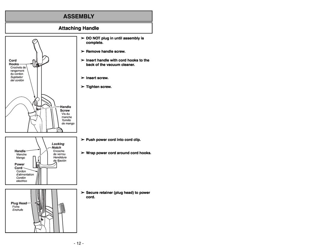 Panasonic MC-UG371 operating instructions Assembly, Attaching Handle 