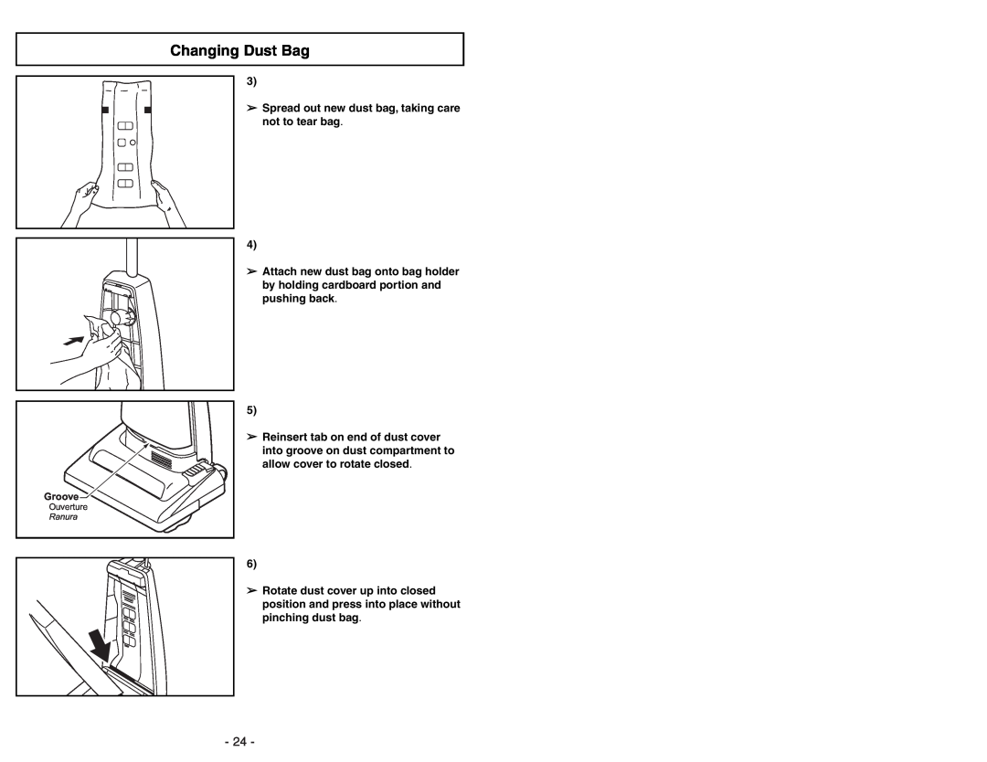 Panasonic MC-UG371 operating instructions Changing Dust Bag, Spread out new dust bag, taking care not to tear bag 
