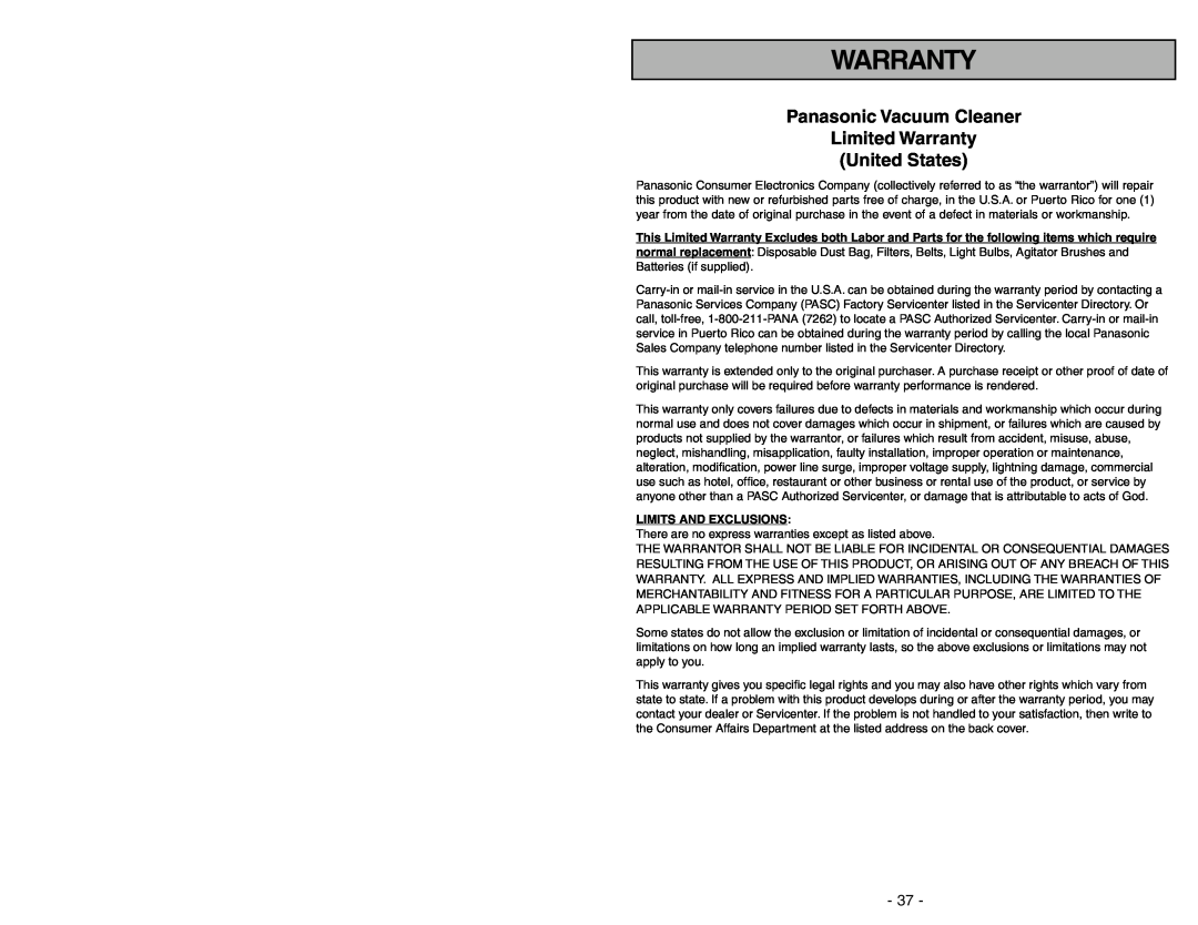 Panasonic MC-UG371 operating instructions Panasonic Vacuum Cleaner Limited Warranty, United States 