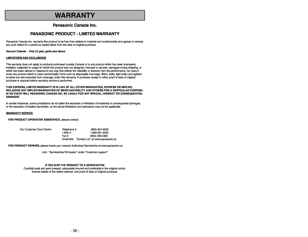 Panasonic MC-UG371 Panasonic Canada Inc, Panasonic Product - Limited Warranty, Limitations And Exclusions 