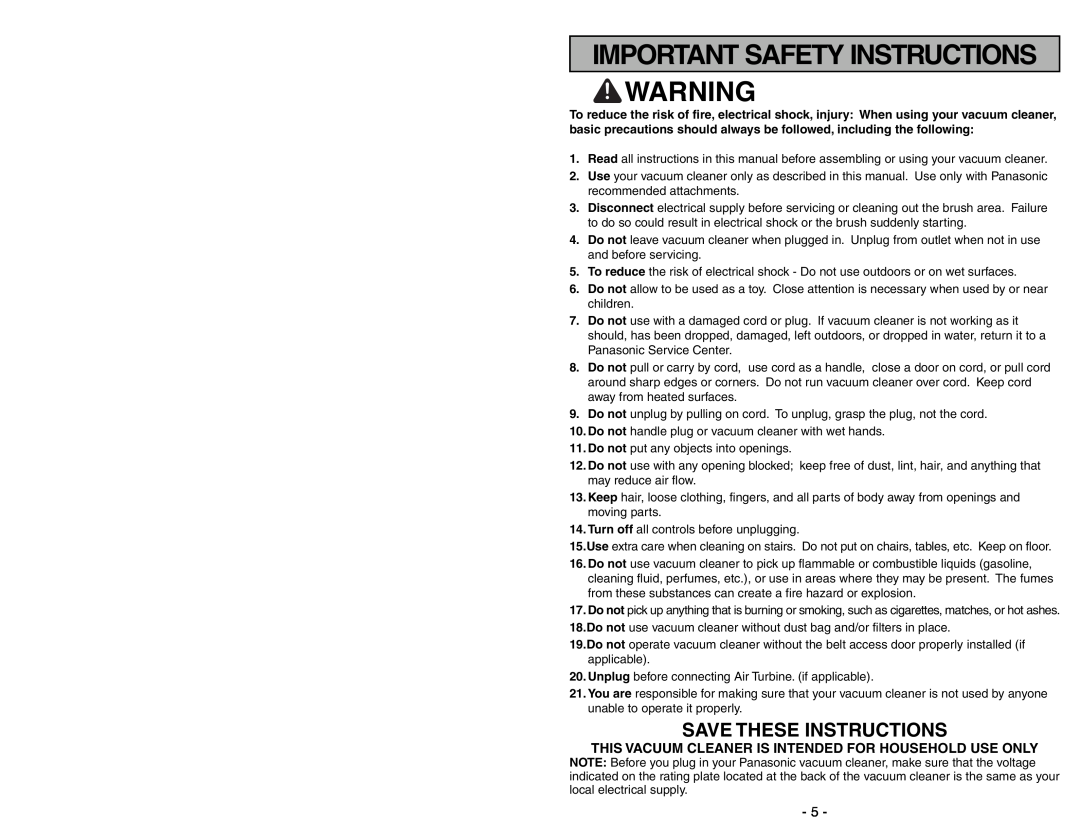 Panasonic MC-UG371 operating instructions Important Safety Instructions, Save These Instructions 