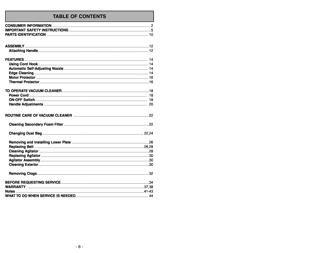 Panasonic MC-UG371 operating instructions Table Of Contents 