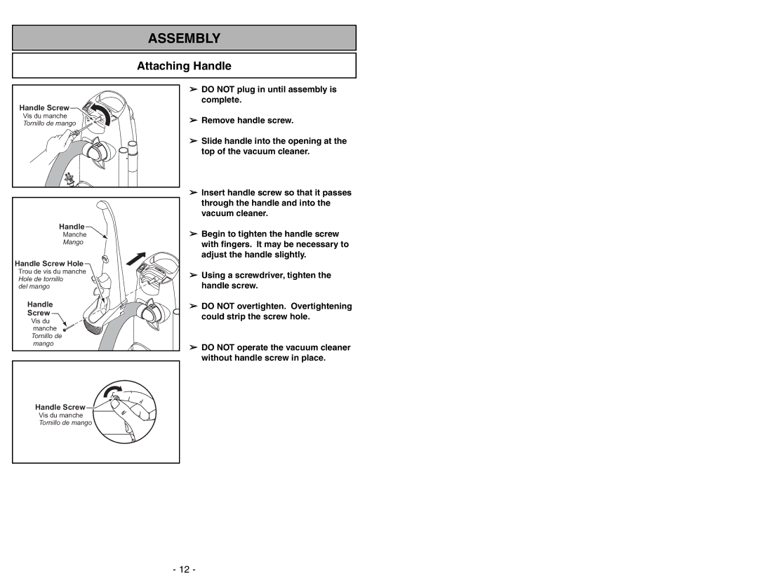 Panasonic MC-UG471 operating instructions Assembly, Attaching Handle 