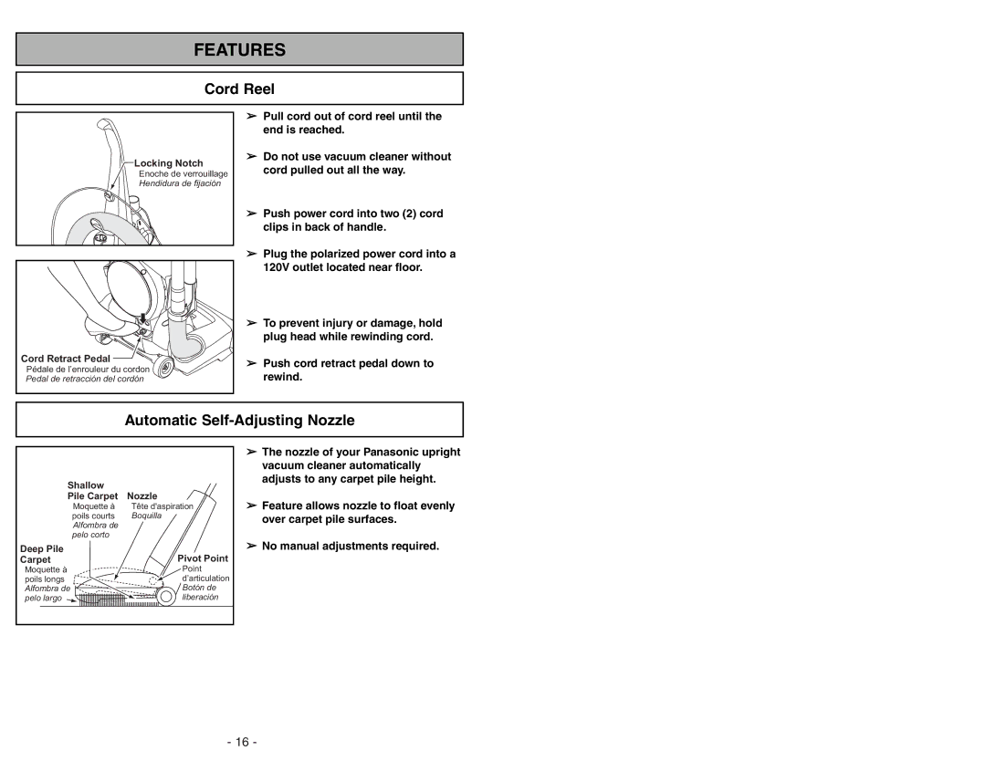 Panasonic MC-UG471 operating instructions Cord Reel, Automatic Self-Adjusting Nozzle 