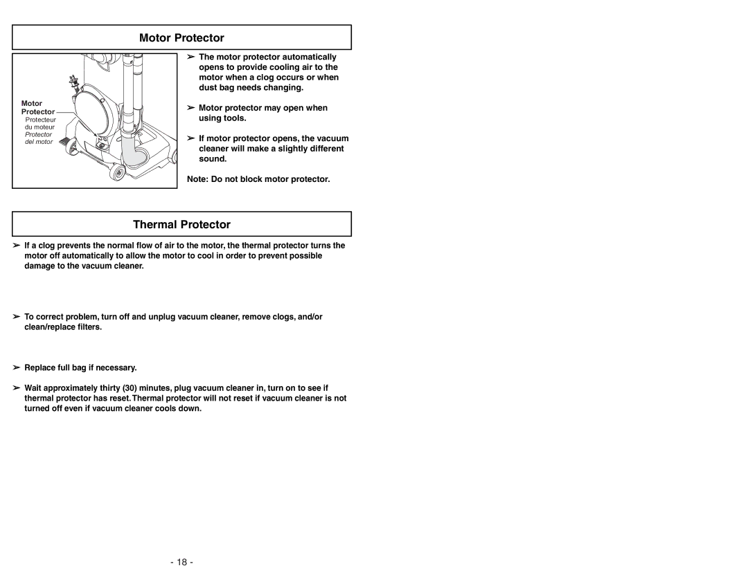 Panasonic MC-UG471 operating instructions Motor Protector, Thermal Protector 