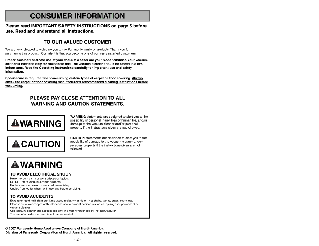 Panasonic MC-UG471 operating instructions To OUR Valued Customer, Please PAY Close Attention to ALL 