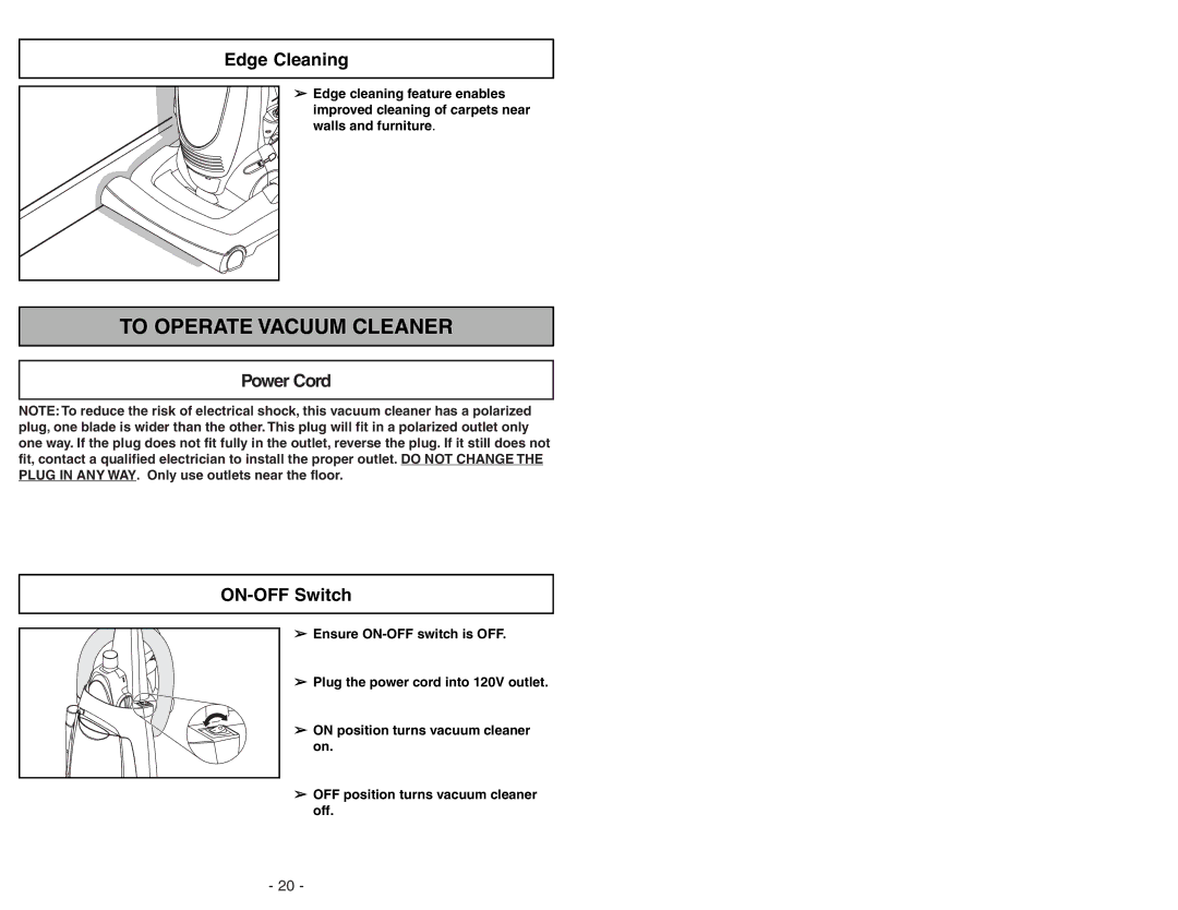 Panasonic MC-UG471 operating instructions Edge Cleaning, Power Cord ON-OFF Switch 