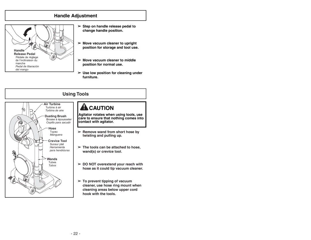 Panasonic MC-UG471 operating instructions Handle Adjustment, Using Tools 