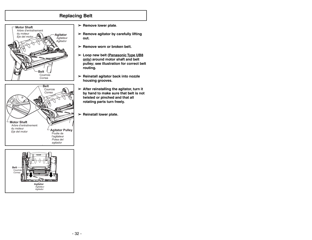 Panasonic MC-UG471 operating instructions Replacing Belt, Reinstall lower plate 