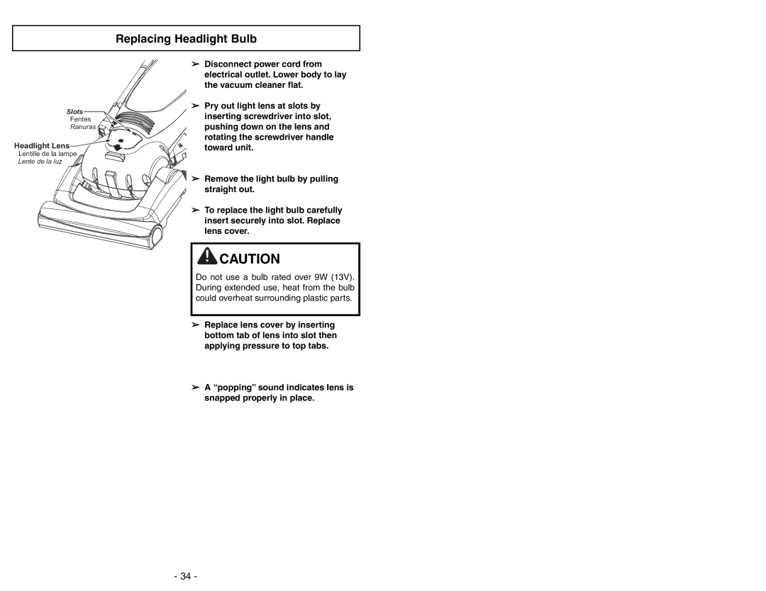 Panasonic MC-UG471 operating instructions Replacing Headlight Bulb 