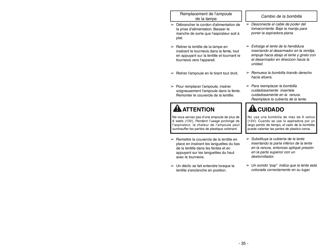 Panasonic MC-UG471 operating instructions Remplacement de l’ampoule De la lampe, Cambio de la bombilla 