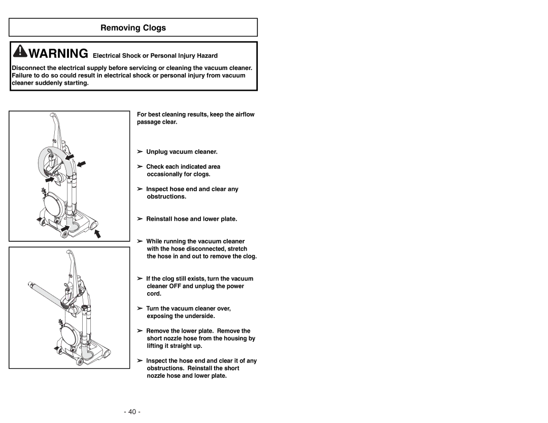 Panasonic MC-UG471 operating instructions Removing Clogs 