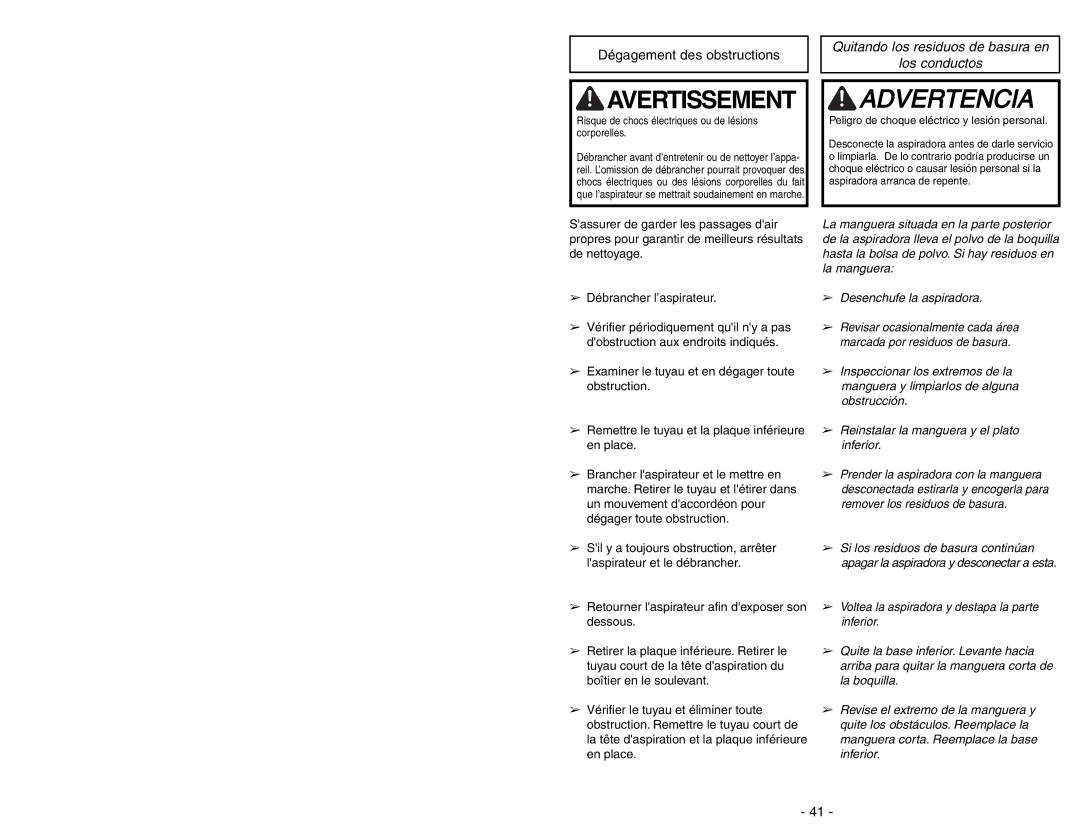 Panasonic MC-UG471 operating instructions Dégagement des obstructions, Quitando los residuos de basura en Los conductos 