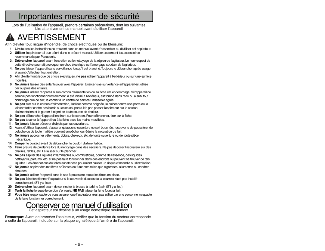 Panasonic MC-UG471 operating instructions Avertissement 