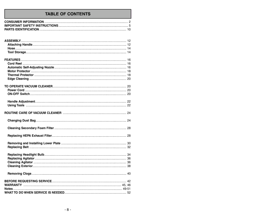 Panasonic MC-UG471 operating instructions Table of Contents 