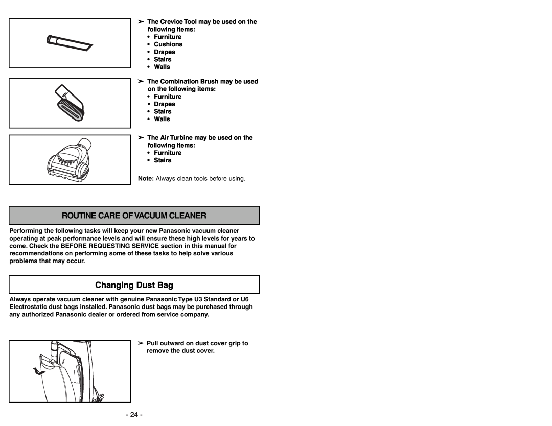 Panasonic MC-UG471 operating instructions Routine Care Of Vacuum Cleaner, Changing Dust Bag 