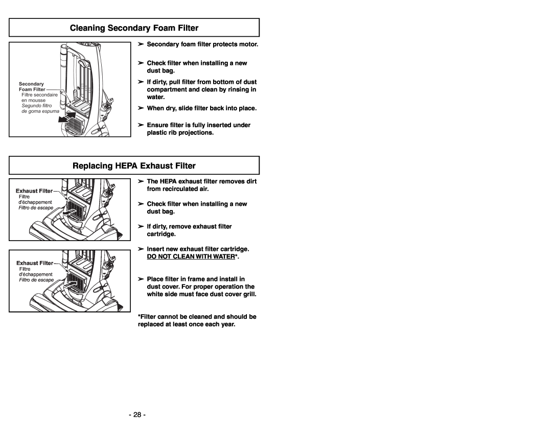 Panasonic MC-UG471 operating instructions Cleaning Secondary Foam Filter, Replacing HEPA Exhaust Filter 