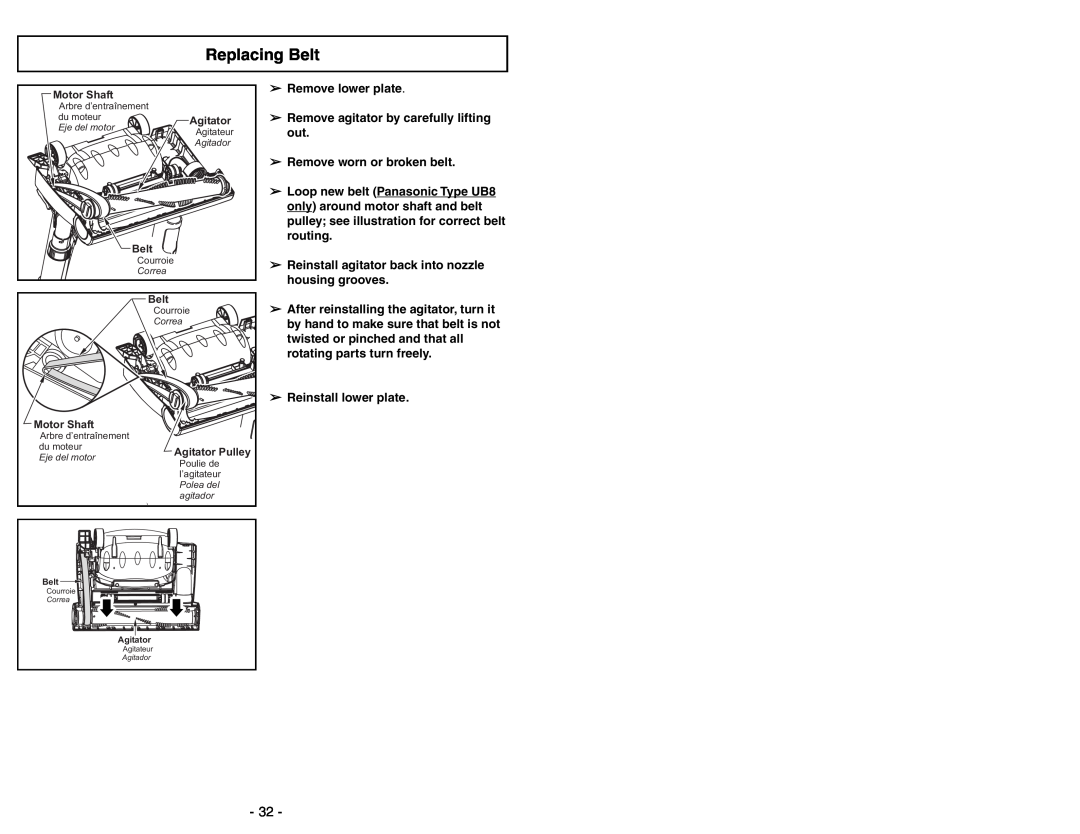 Panasonic MC-UG471 operating instructions Replacing Belt 