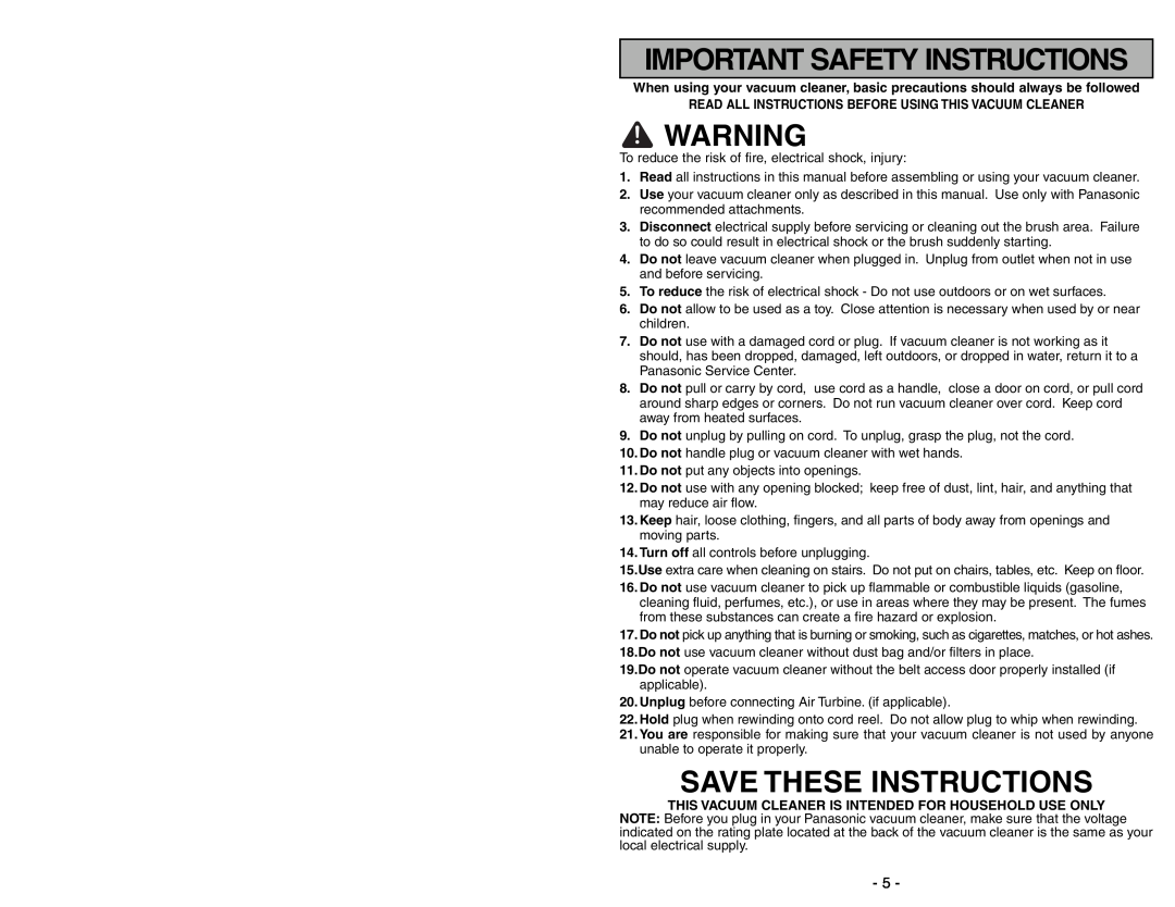 Panasonic MC-UG471 operating instructions Important Safety Instructions, Save These Instructions 