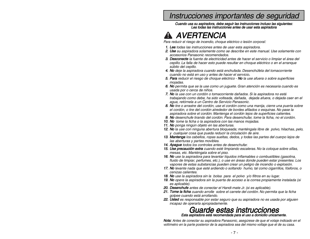 Panasonic MC-UG471 operating instructions Instrucciones importantes de seguridad, Avertencia, Guarde estas instrucciones 