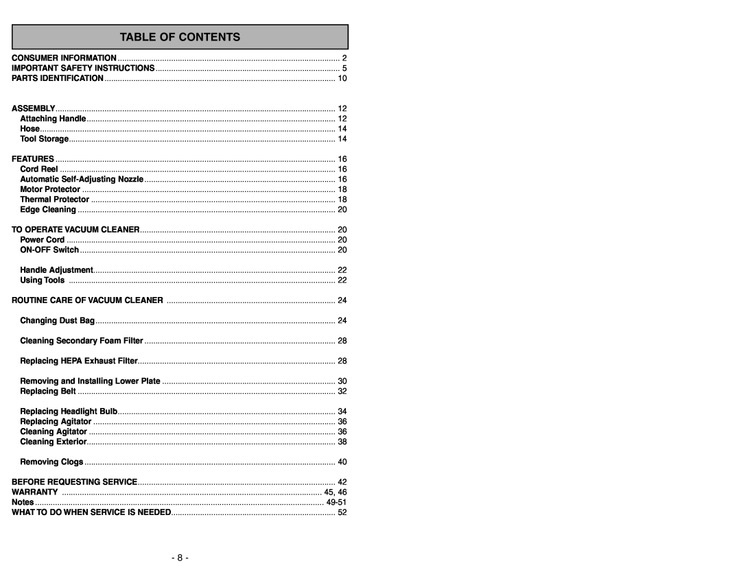 Panasonic MC-UG471 operating instructions Table Of Contents 