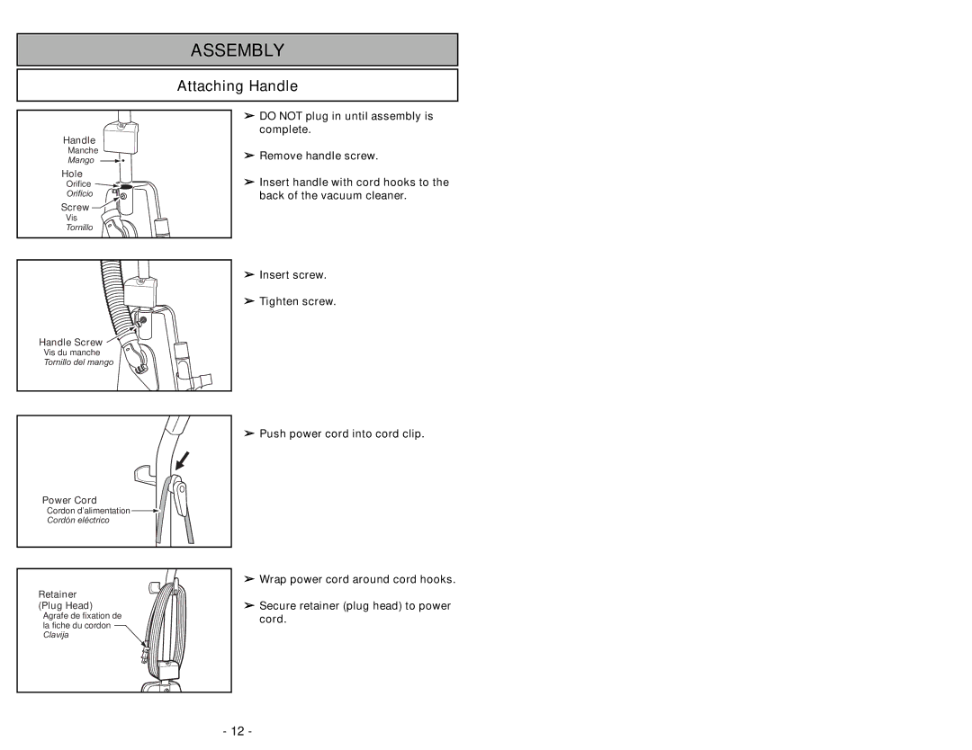 Panasonic MC-UG502 operating instructions Assembly, Attaching Handle 