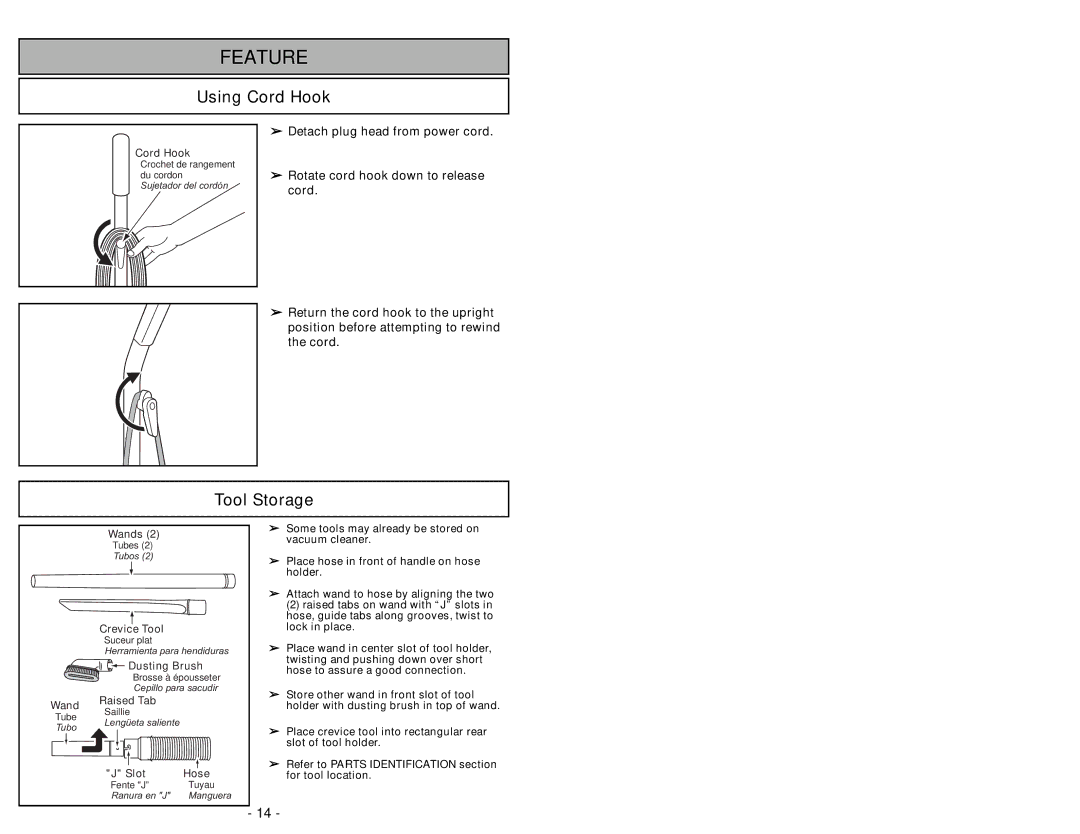 Panasonic MC-UG502 operating instructions Using Cord Hook, Tool Storage 