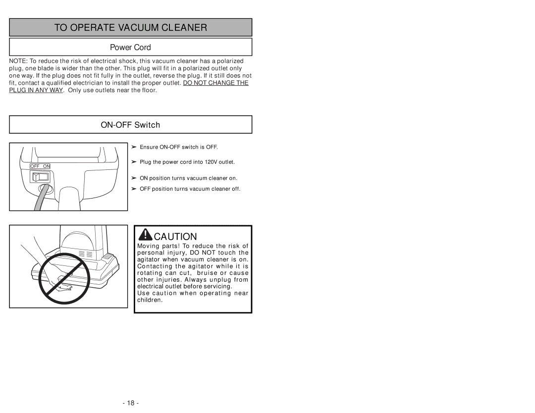 Panasonic MC-UG502 operating instructions To Operate Vacuum Cleaner, Power Cord ON-OFF Switch 