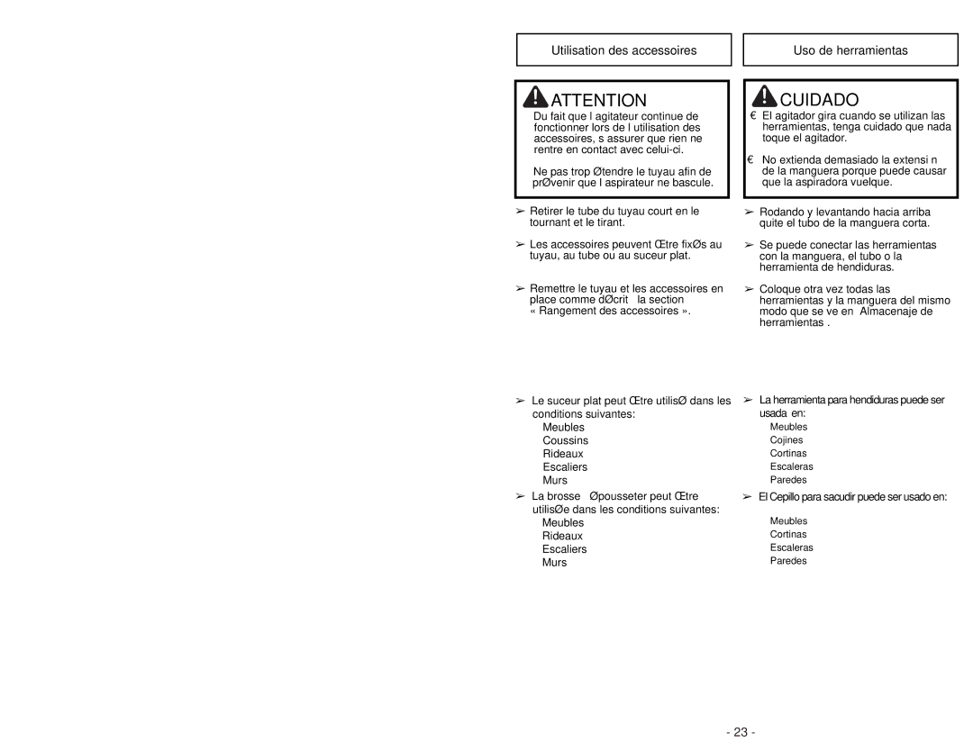 Panasonic MC-UG502 operating instructions Utilisation des accessoires, Uso de herramientas 