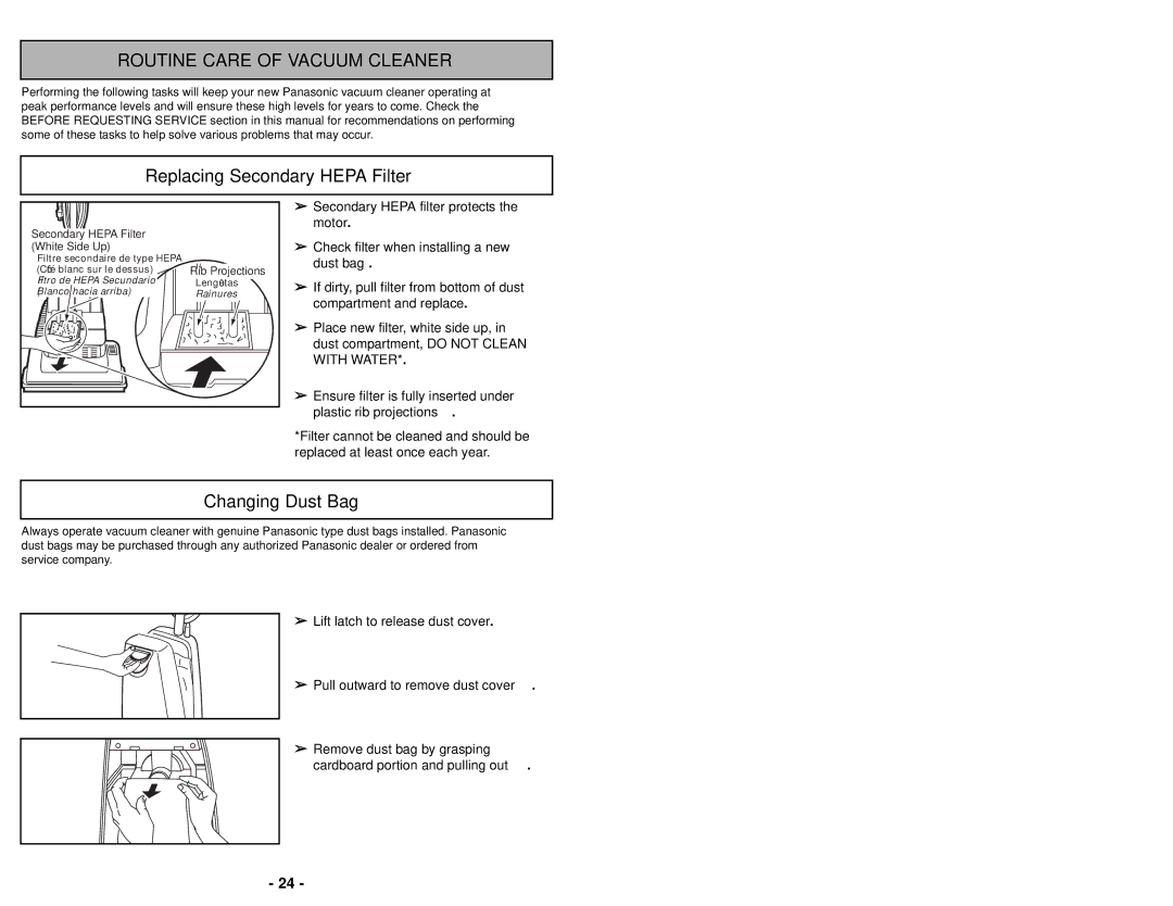 Panasonic MC-UG502 Routine Care of Vacuum Cleaner, Replacing Secondary Hepa Filter, Changing Dust Bag 