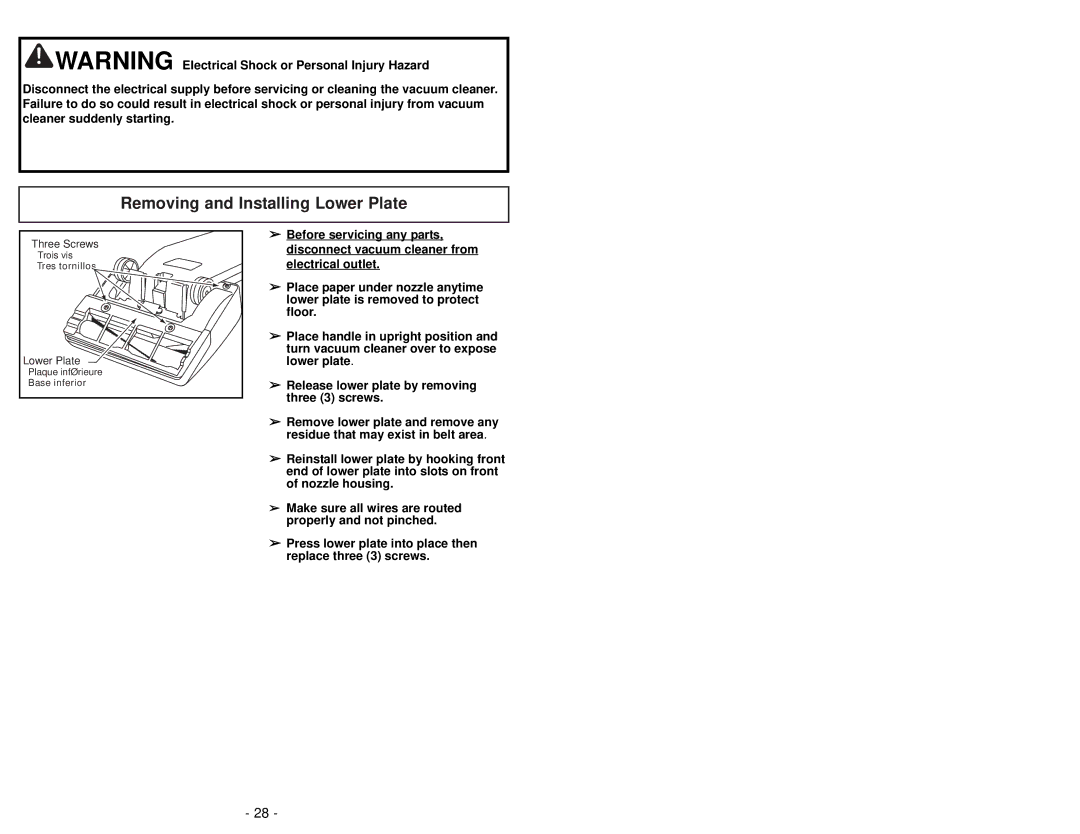 Panasonic MC-UG502 operating instructions Removing and Installing Lower Plate 