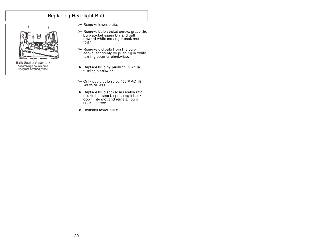 Panasonic MC-UG502 operating instructions Replacing Headlight Bulb 