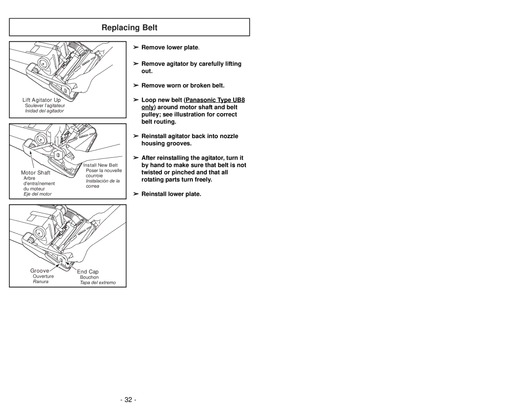 Panasonic MC-UG502 operating instructions Replacing Belt 