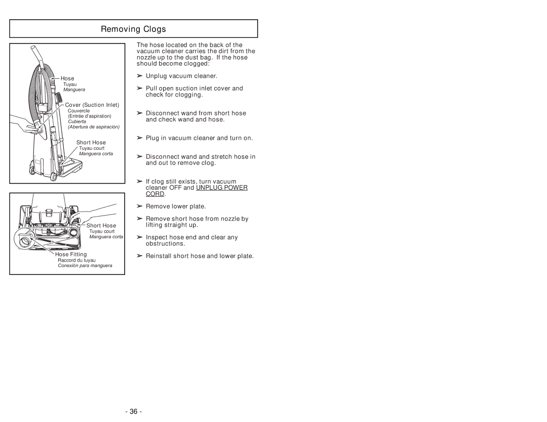 Panasonic MC-UG502 operating instructions Removing Clogs 