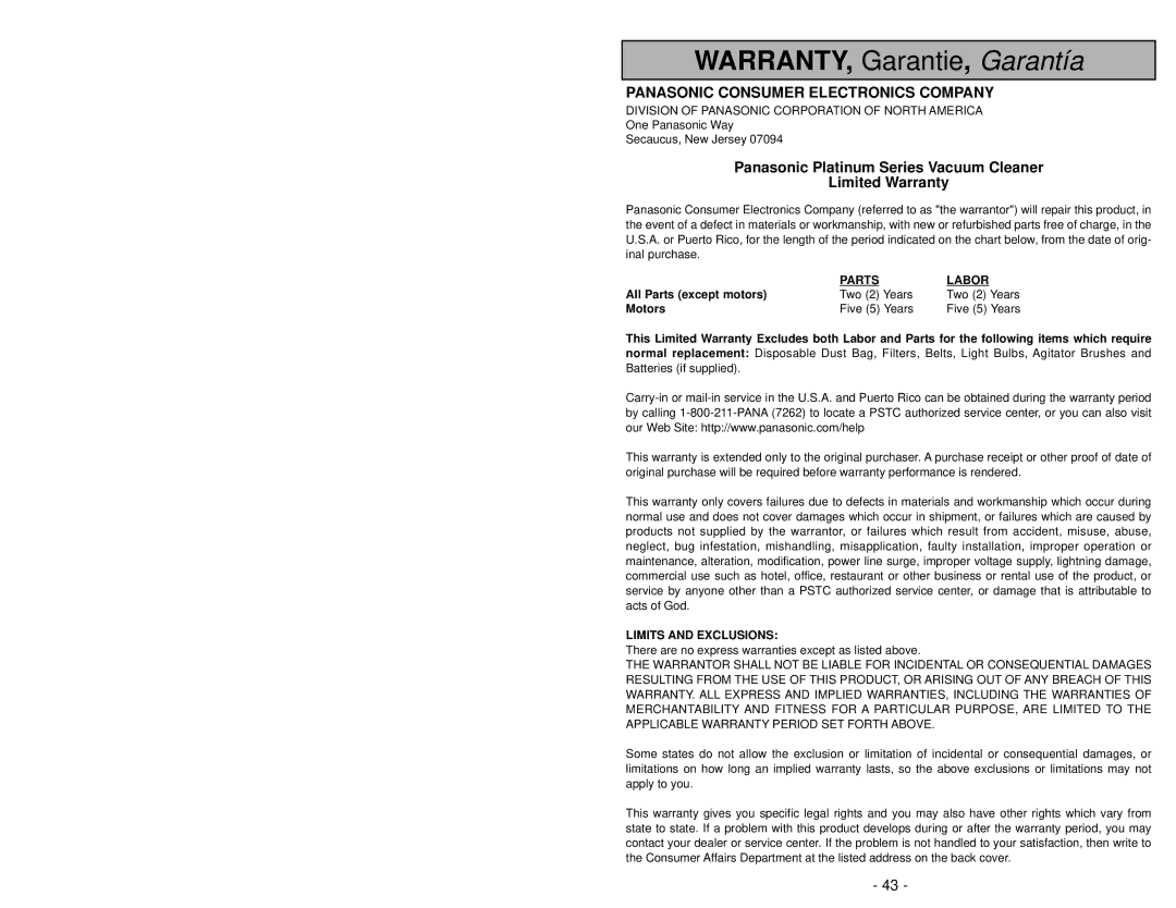 Panasonic MC-UG502 operating instructions WARRANTY, Garantie, Garantía 