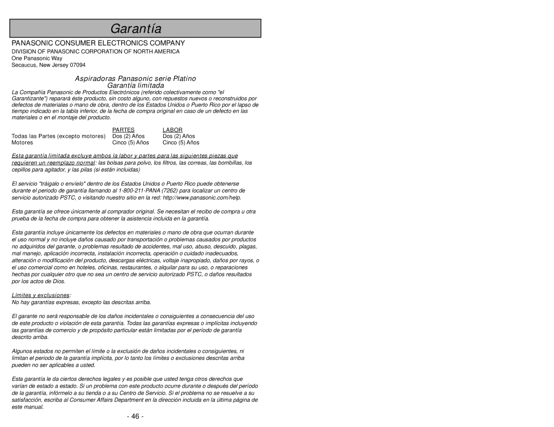 Panasonic MC-UG502 operating instructions Garantía 