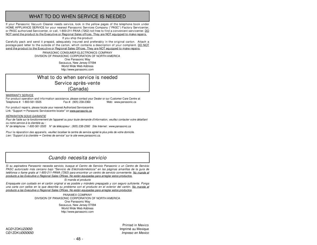 Panasonic MC-UG502 What to do When Service is Needed, What to do when service is needed Service après-vente Canada 