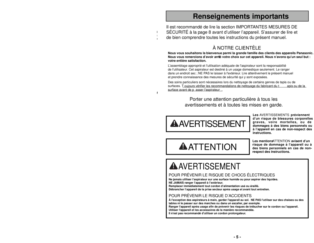 Panasonic MC-UG502 operating instructions Renseignements importants, Notre Clientèle 