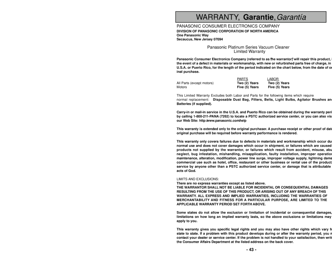 Panasonic MC-UG502 operating instructions Advertencia Cuidado 