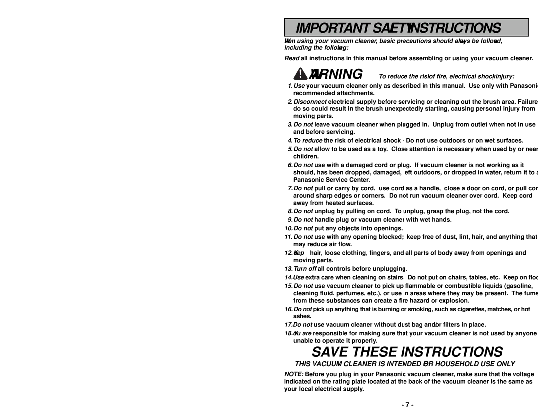 Panasonic MC-UG502 operating instructions Important Safety Instructions 