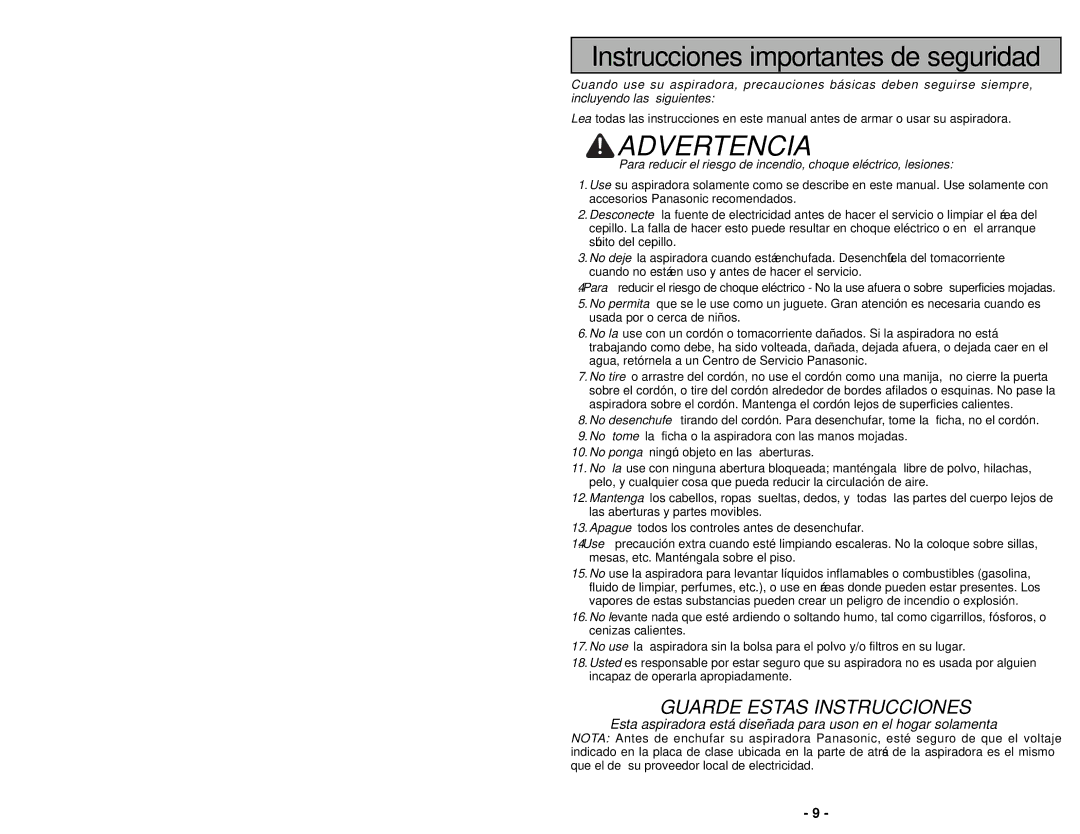 Panasonic MC-UG502 operating instructions Advertencia 