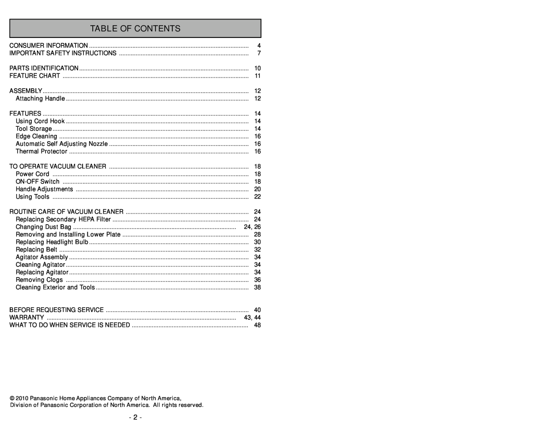 Panasonic MC-UG502 operating instructions Table Of Contents 