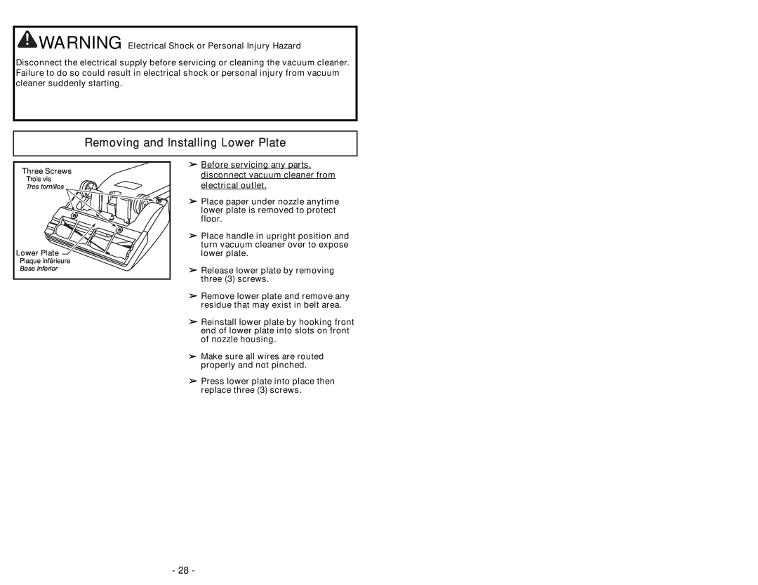 Panasonic MC-UG502 operating instructions Removing and Installing Lower Plate 
