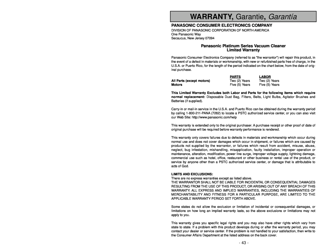 Panasonic MC-UG502 WARRANTY, Garantie, Garantía, Panasonic Consumer Electronics Company, Limited Warranty 