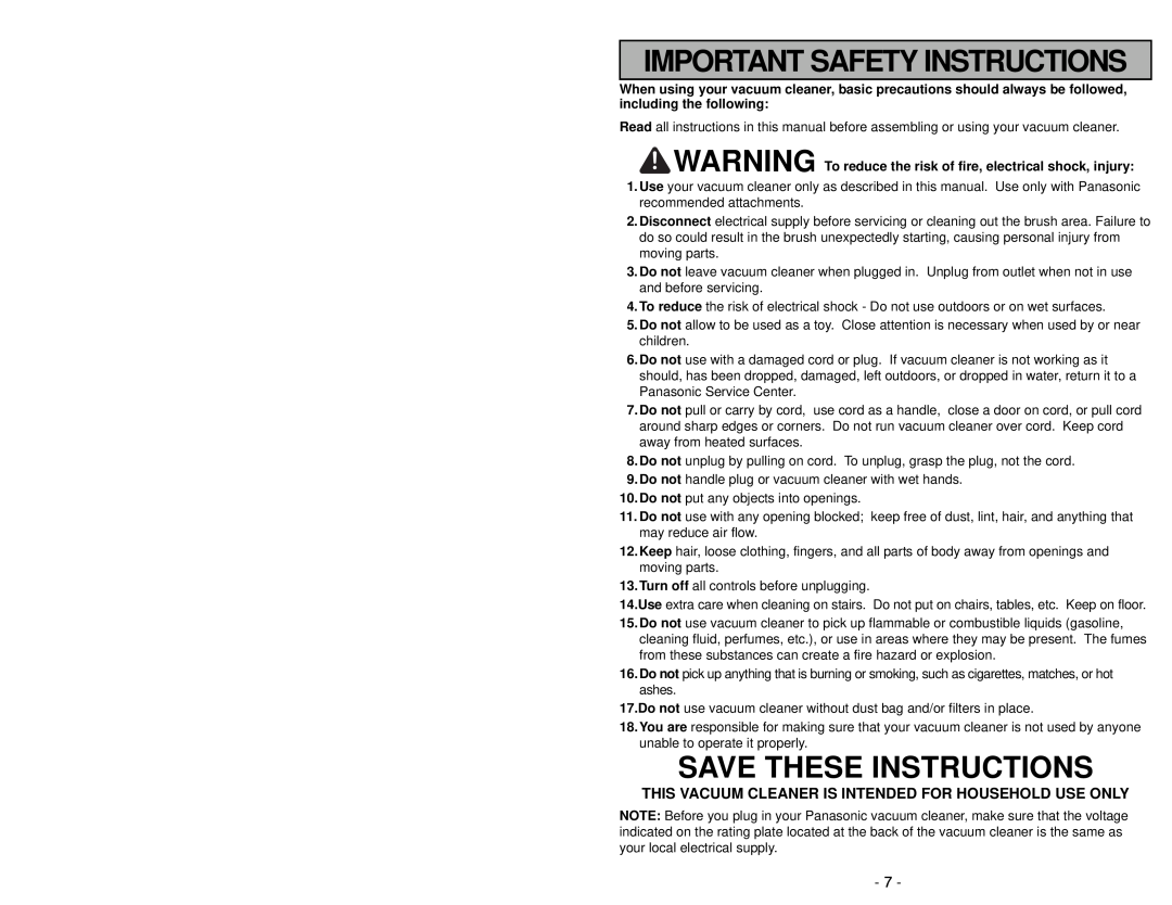 Panasonic MC-UG502 operating instructions Save These Instructions, Important Safety Instructions 
