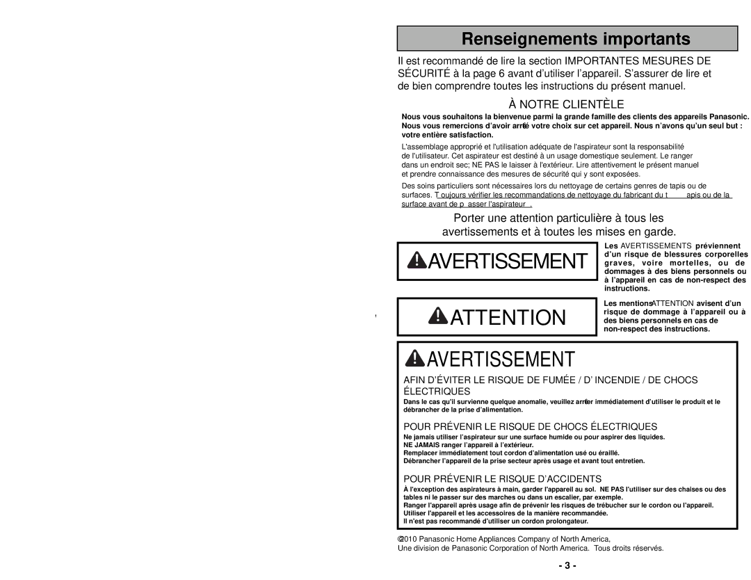 Panasonic MC-UG504 operating instructions Renseignements importants, Notre Clientèle 