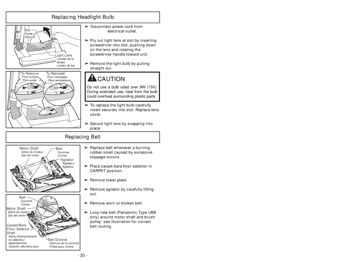 Panasonic MC-UG504 operating instructions Replacing Headlight Bulb, Replacing Belt 