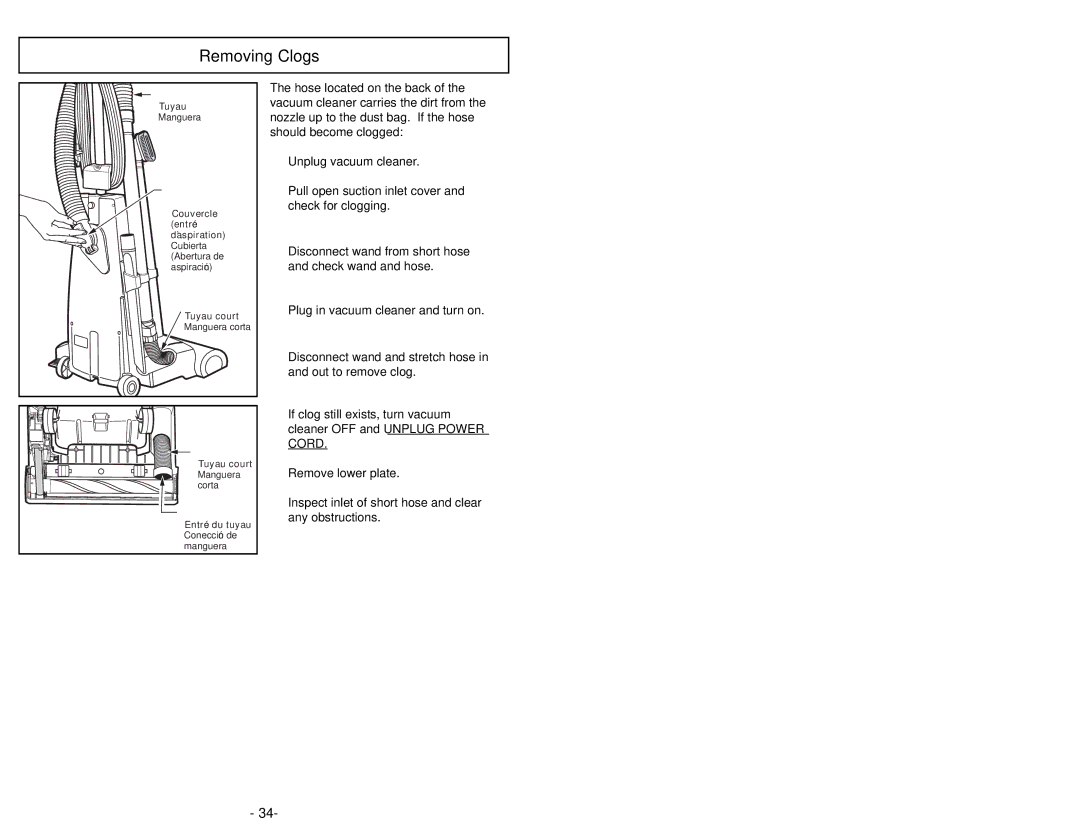 Panasonic MC-UG504 operating instructions Removing Clogs, Cover, Suction Inlet, Short Hose, Hose Inlet 