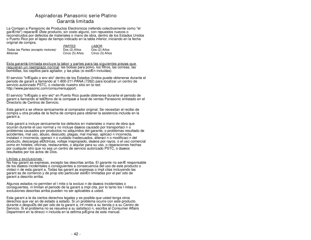 Panasonic MC-UG504 operating instructions Aspiradoras Panasonic serie Platino Garantía limitada, Motores 