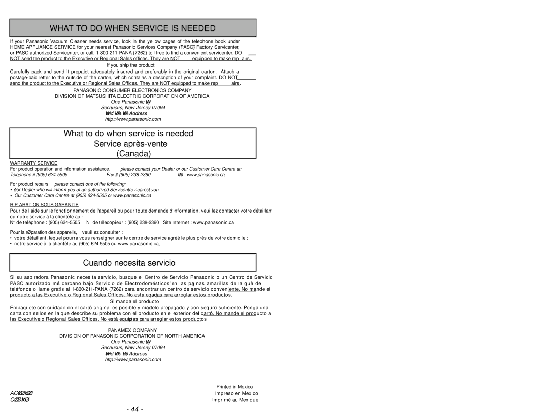 Panasonic MC-UG504 What to do When Service is Needed, What to do when service is needed Service après-vente Canada 